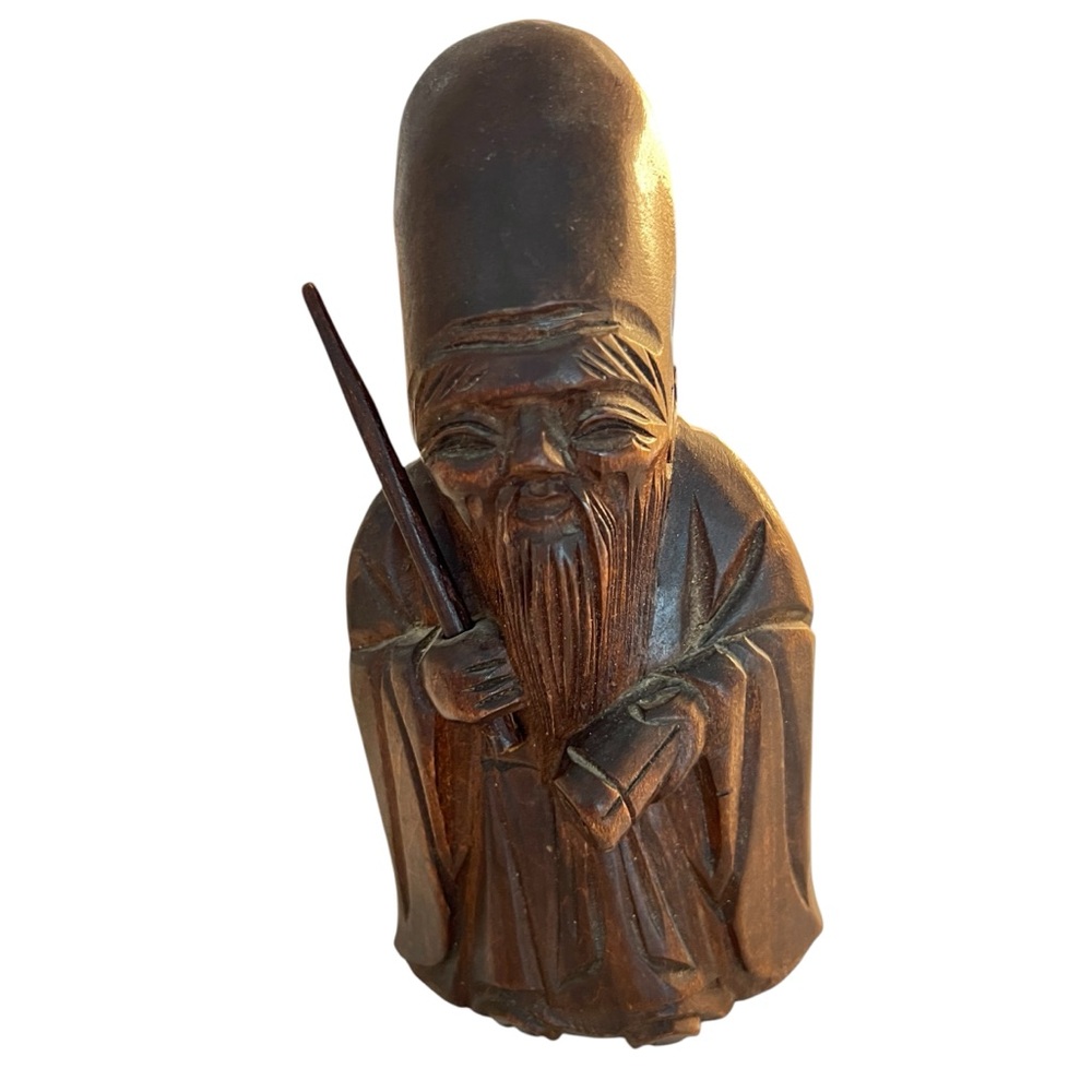 Vintage Japanese Asian Wooden Art Statue Fukurokju Lucky Gods